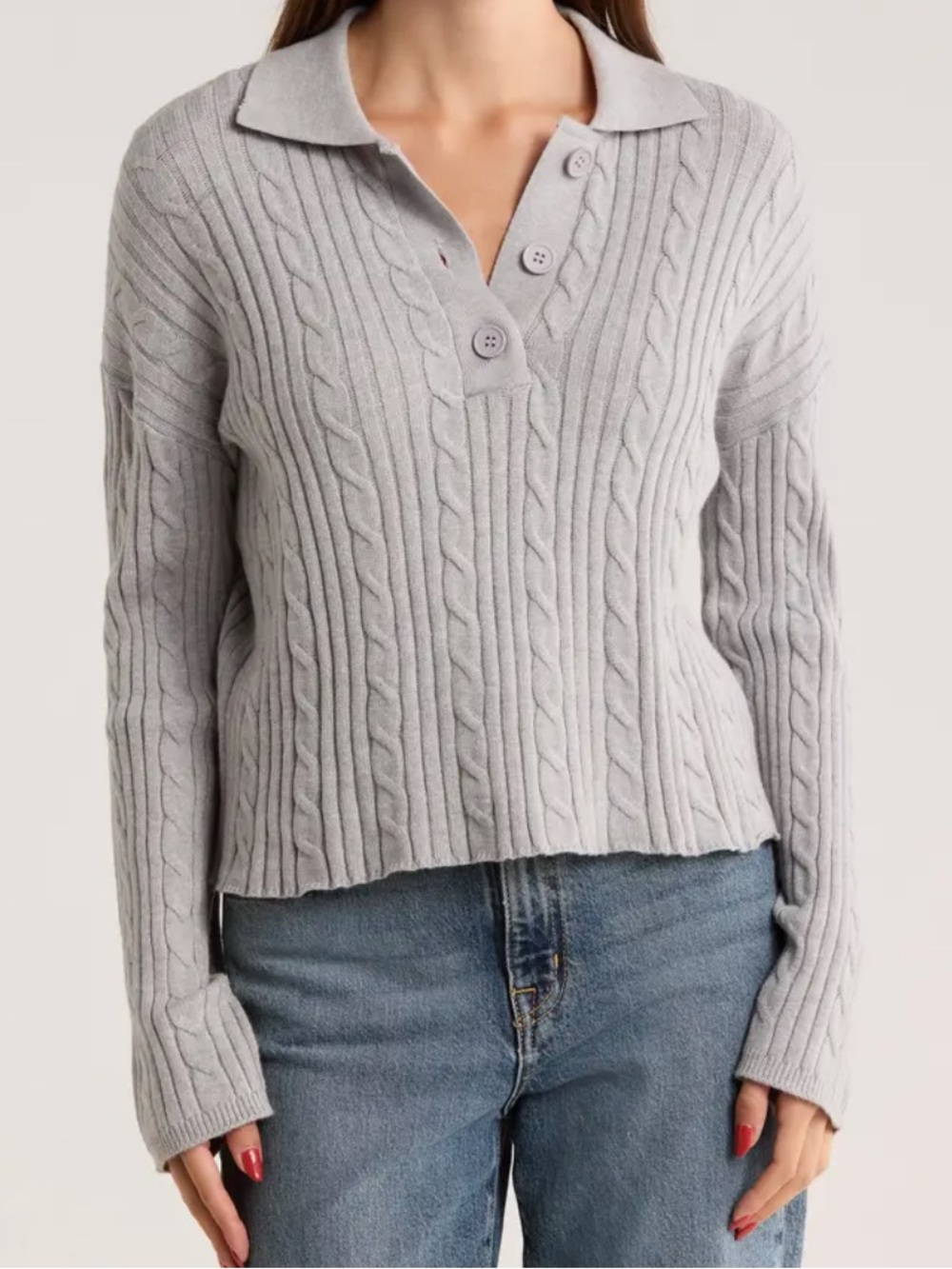 Nordstrom Light Gray Cable-Knit V-Neck Pullover Sweater